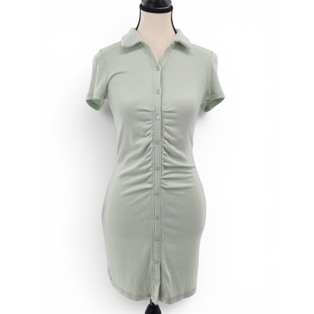 Abercrombie Sage Green Bodycon Ruched Polo Mini Dress S Stretch Button Front Y2k